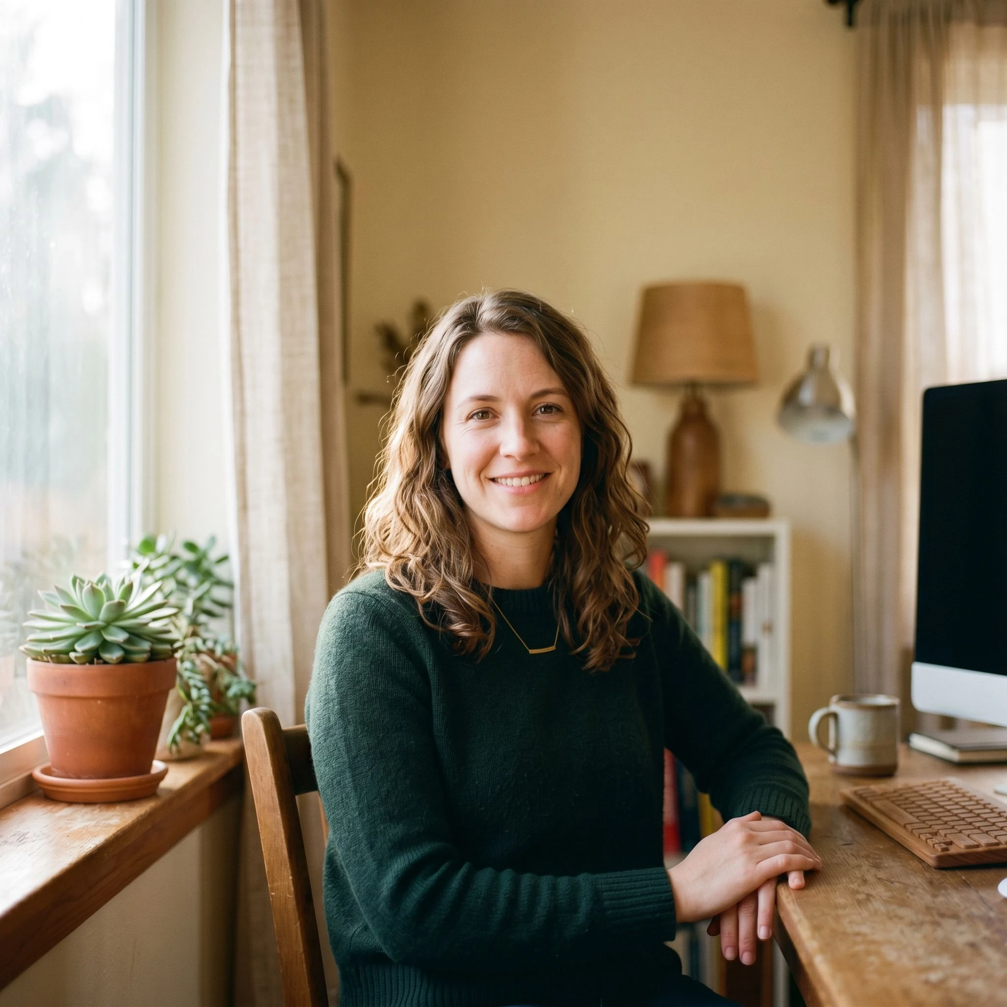 Portrait of a third Berlin business client in a lightly visible workspace environment, approachable and direct