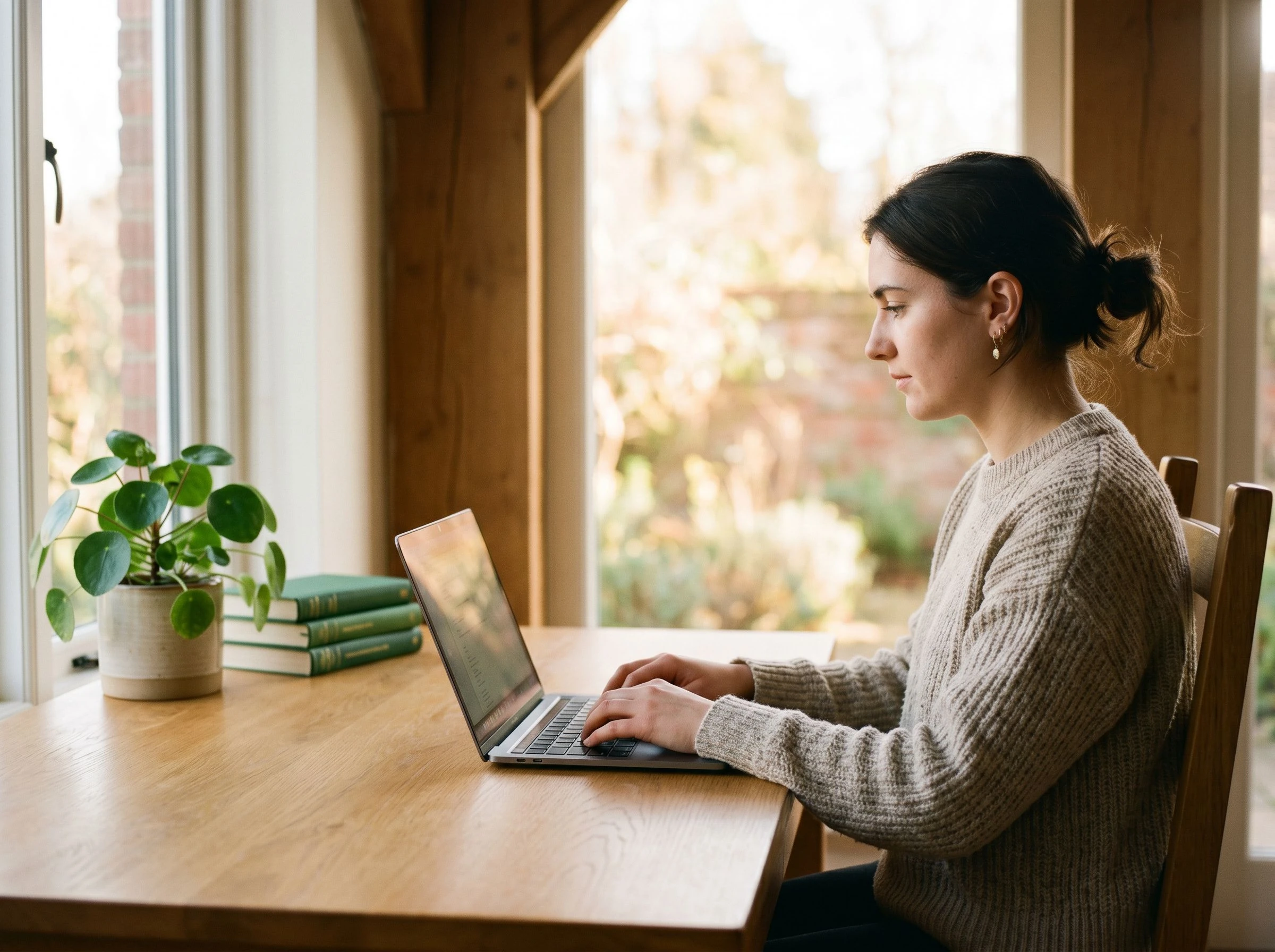 Person writing at a laptop in a calm, naturally lit studio workspace, viewed from the side