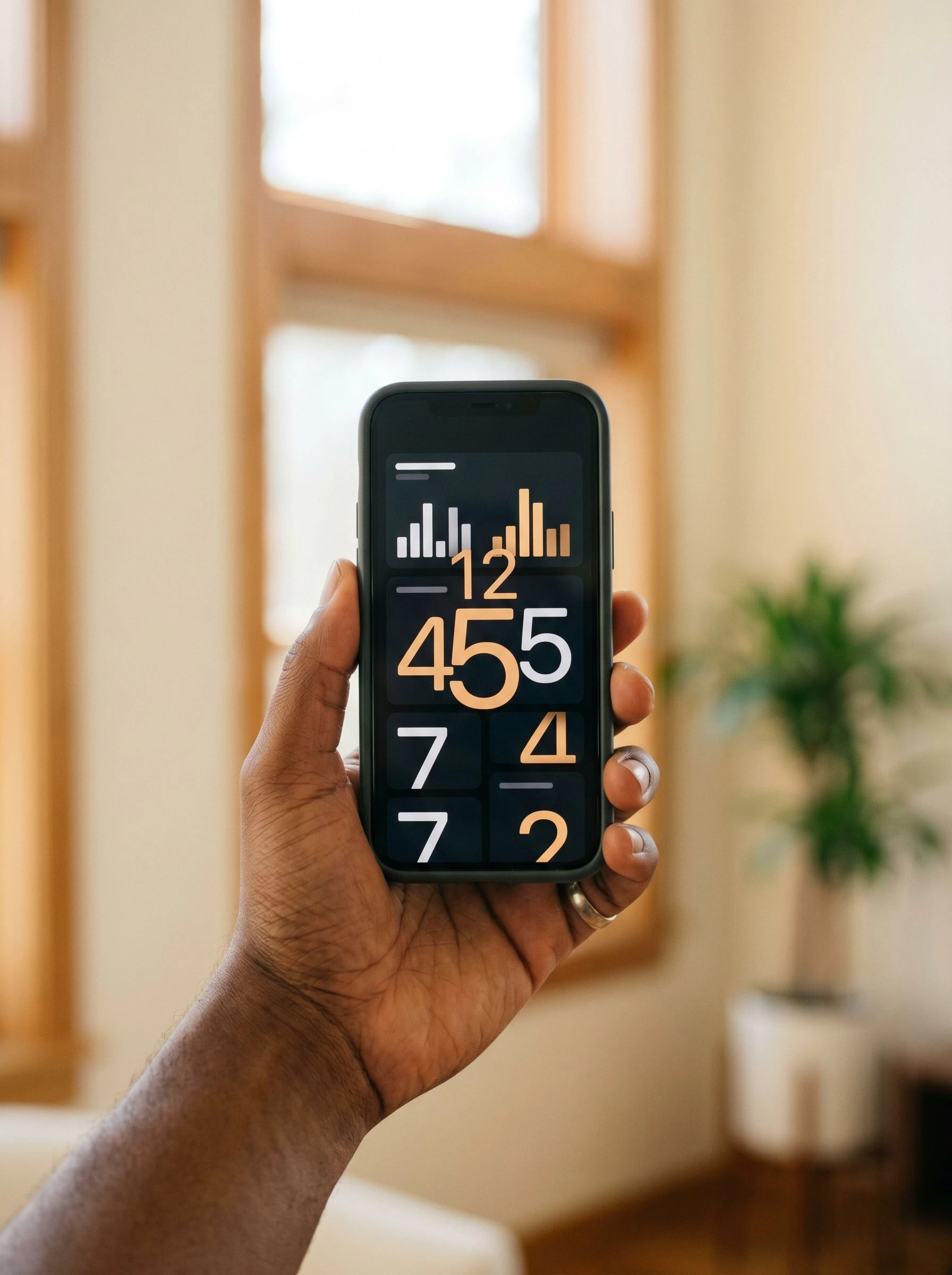 Hand holding a smartphone displaying a live advertising campaign dashboard with performance figures