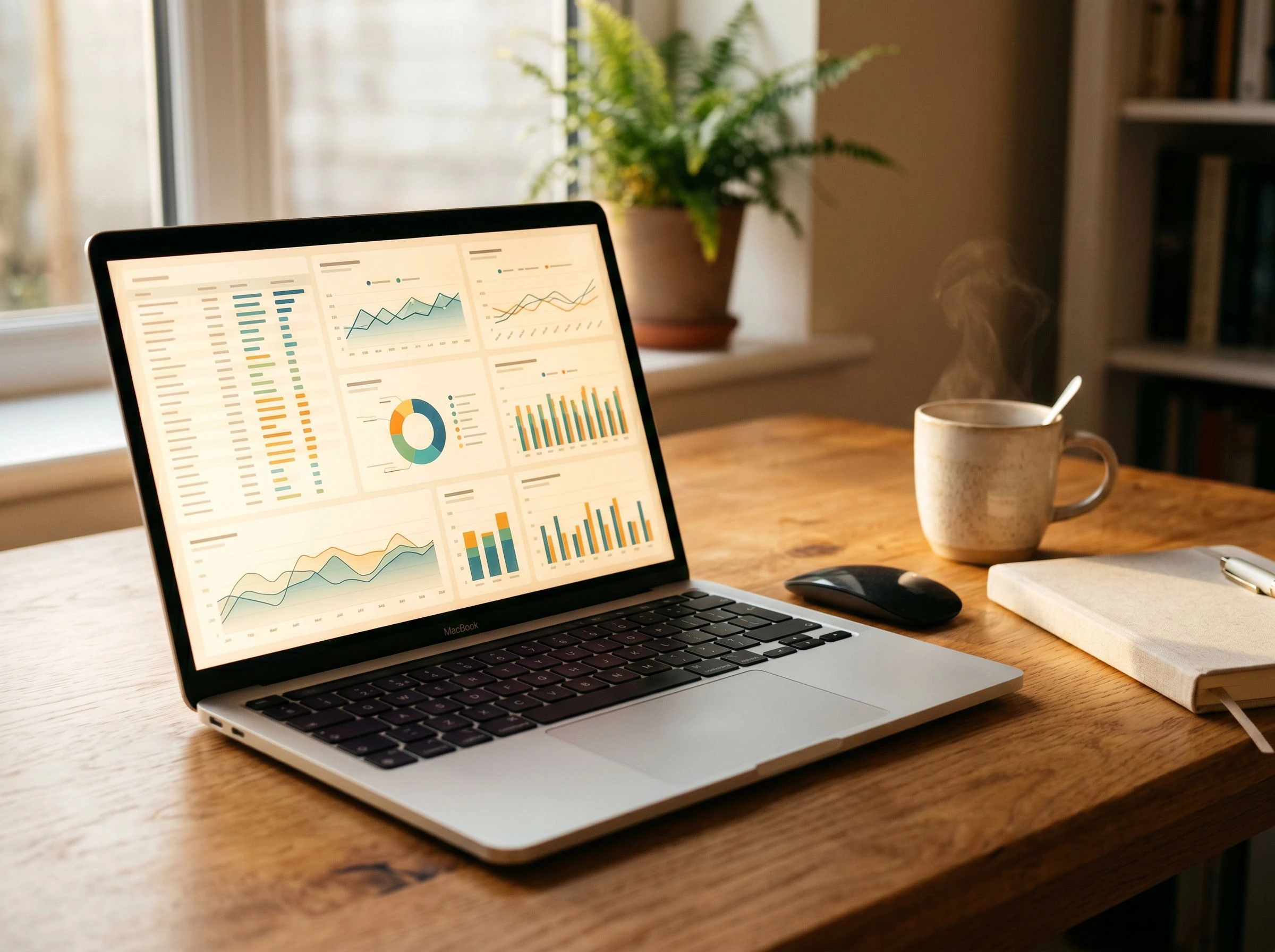 Laptop screen displaying website analytics charts on a wooden desk with warm ambient light