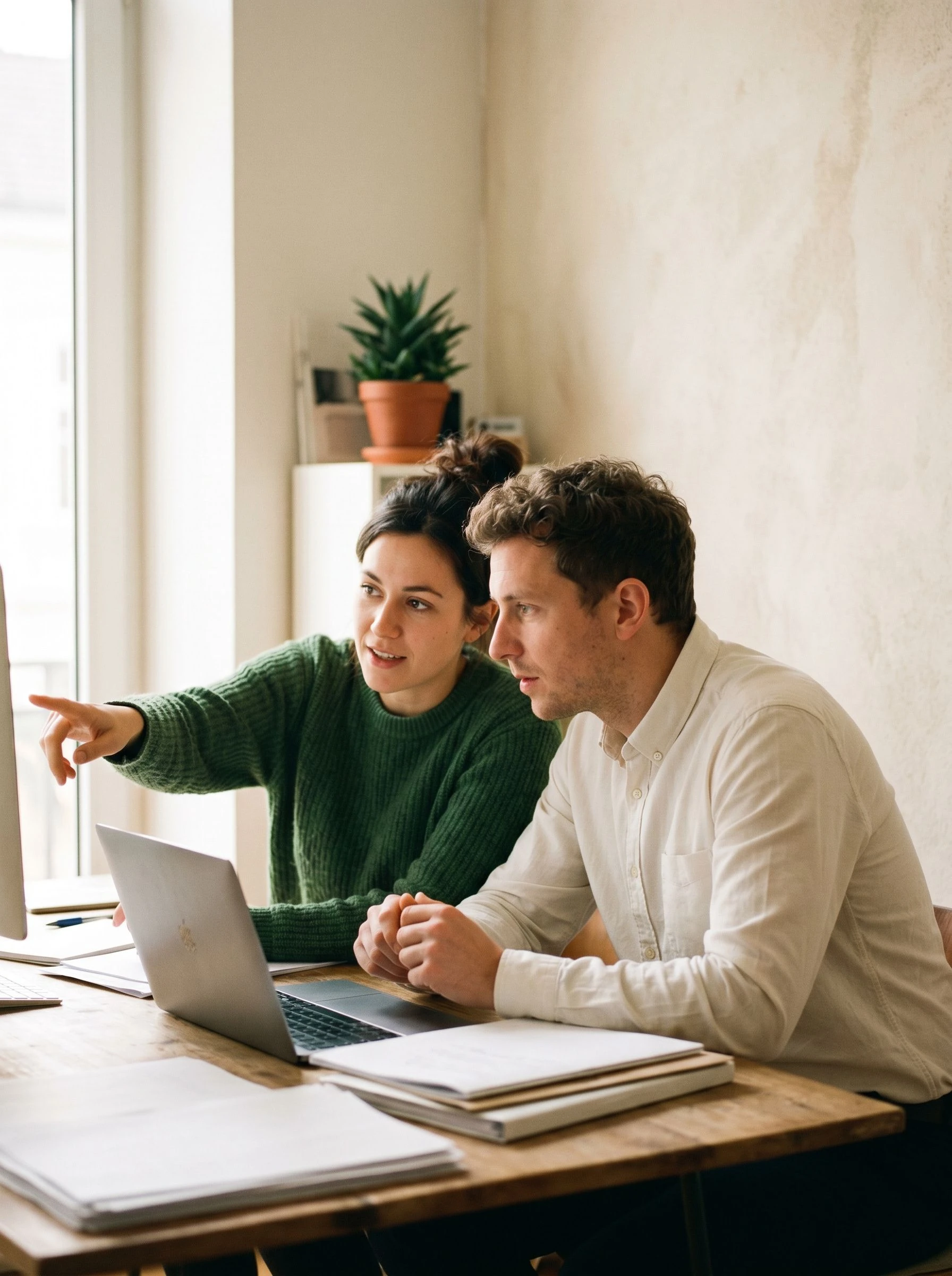 Two senior agency team members reviewing work together at a desk in a bright Berlin studio, natural and unposed